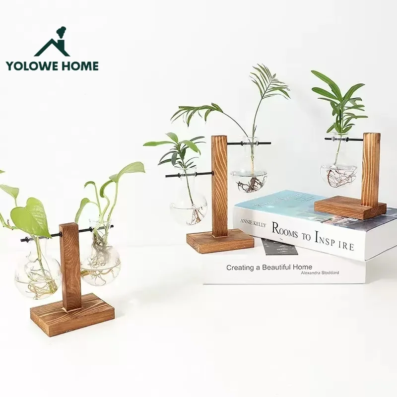 Transparent Bulb Vase with Wooden Stand Desktop Glass Planter for Hydroponics Plants Coffee Shop Room Decor