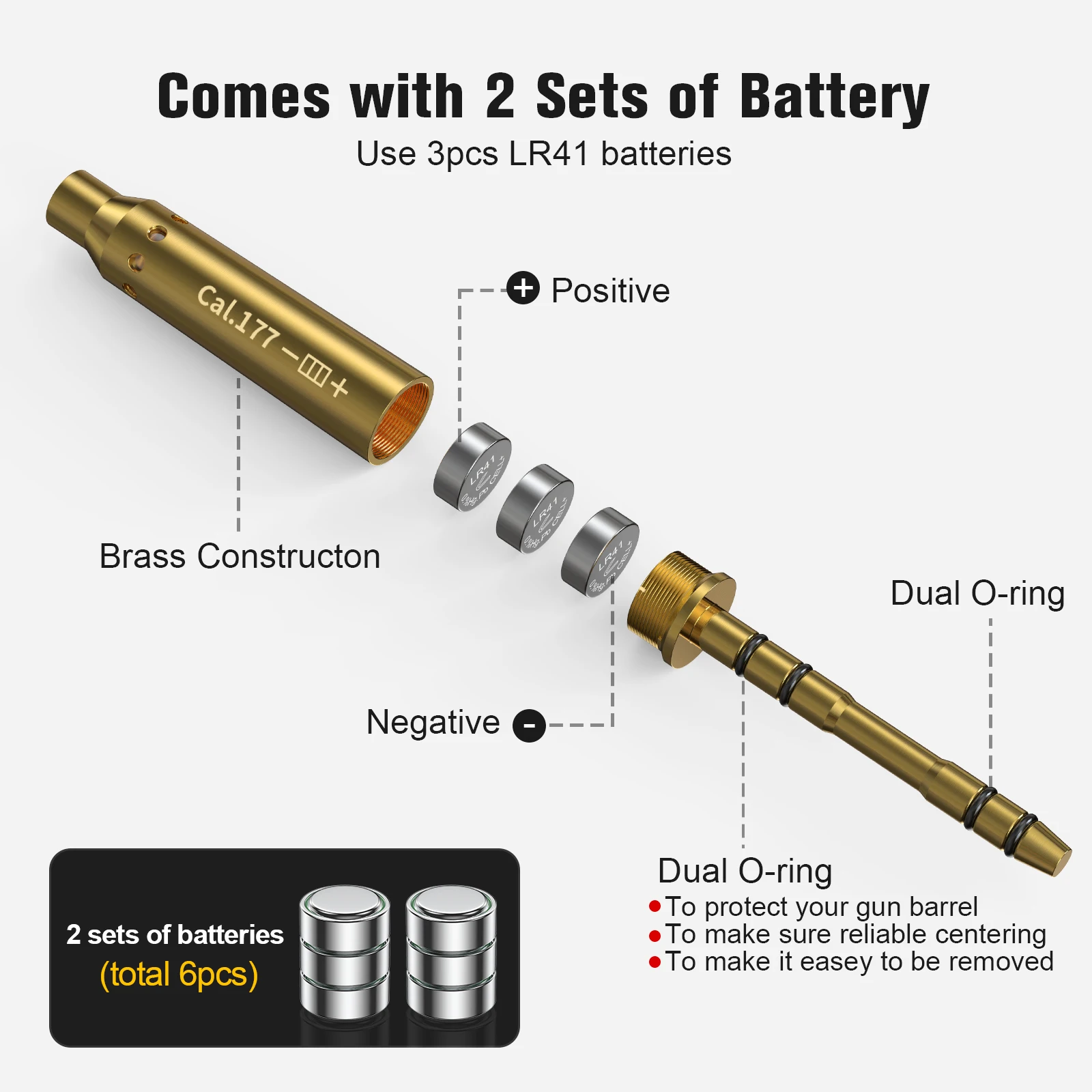 177 Red Laser Boresighter | Solid Brass | Dual O-Ring, Fast Zeroing Tool w/ 2 Sets LR41 Batteries.