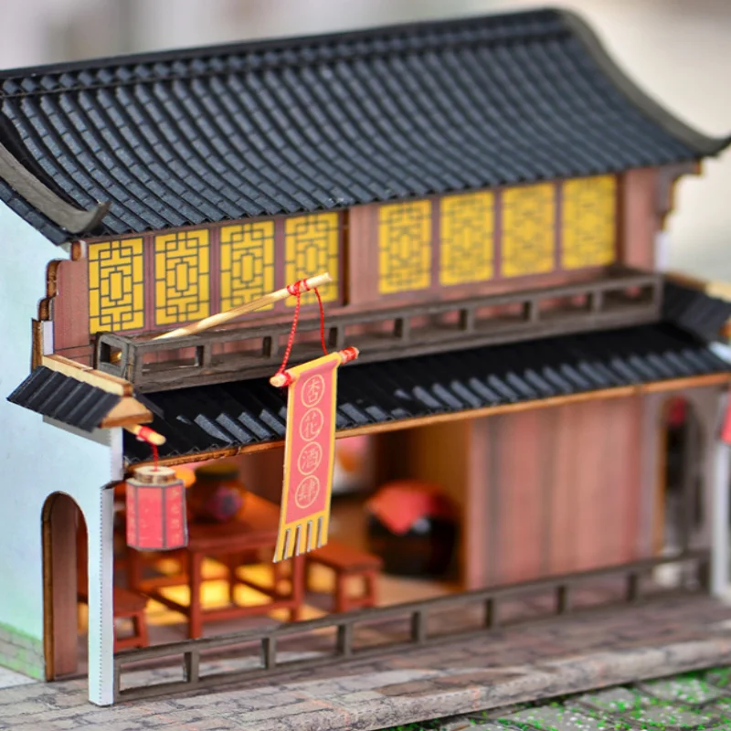 OUZEY 블라썸 와인 하우스 모델, 3D 목조 고대 건물, 청소년을 위한 중국 스타일 DIY