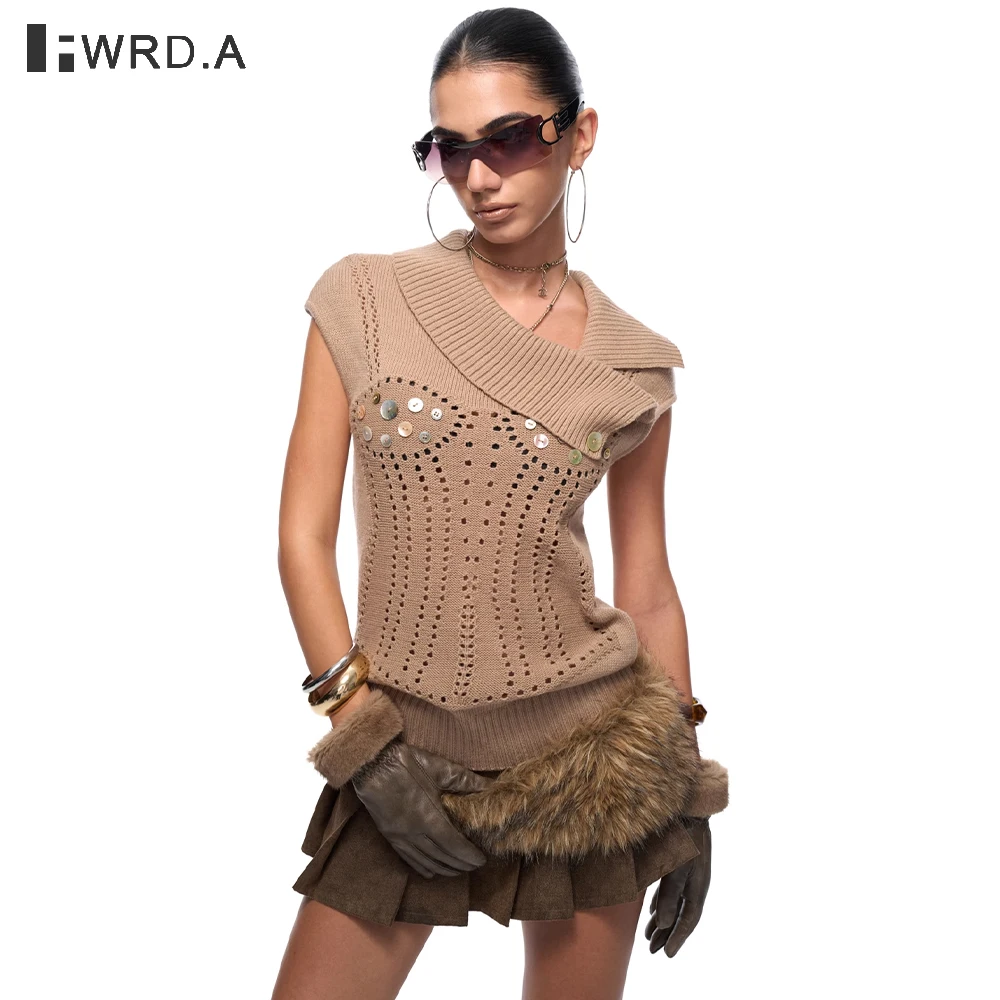 

FWRD 2025 New Heavywork Brown Low Waist Mini Skirt For Women Y2K Hot Girl Style PU Leather With Fur Trim Patchwork#FWRD6011