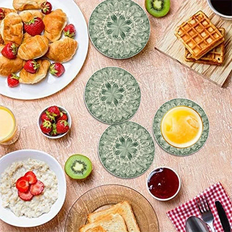 2D Plane Wooden Coasters Light Green White Floral Pattern Wood Durable Hand Washable Elegant Kitchen Dining Room Decor Gift