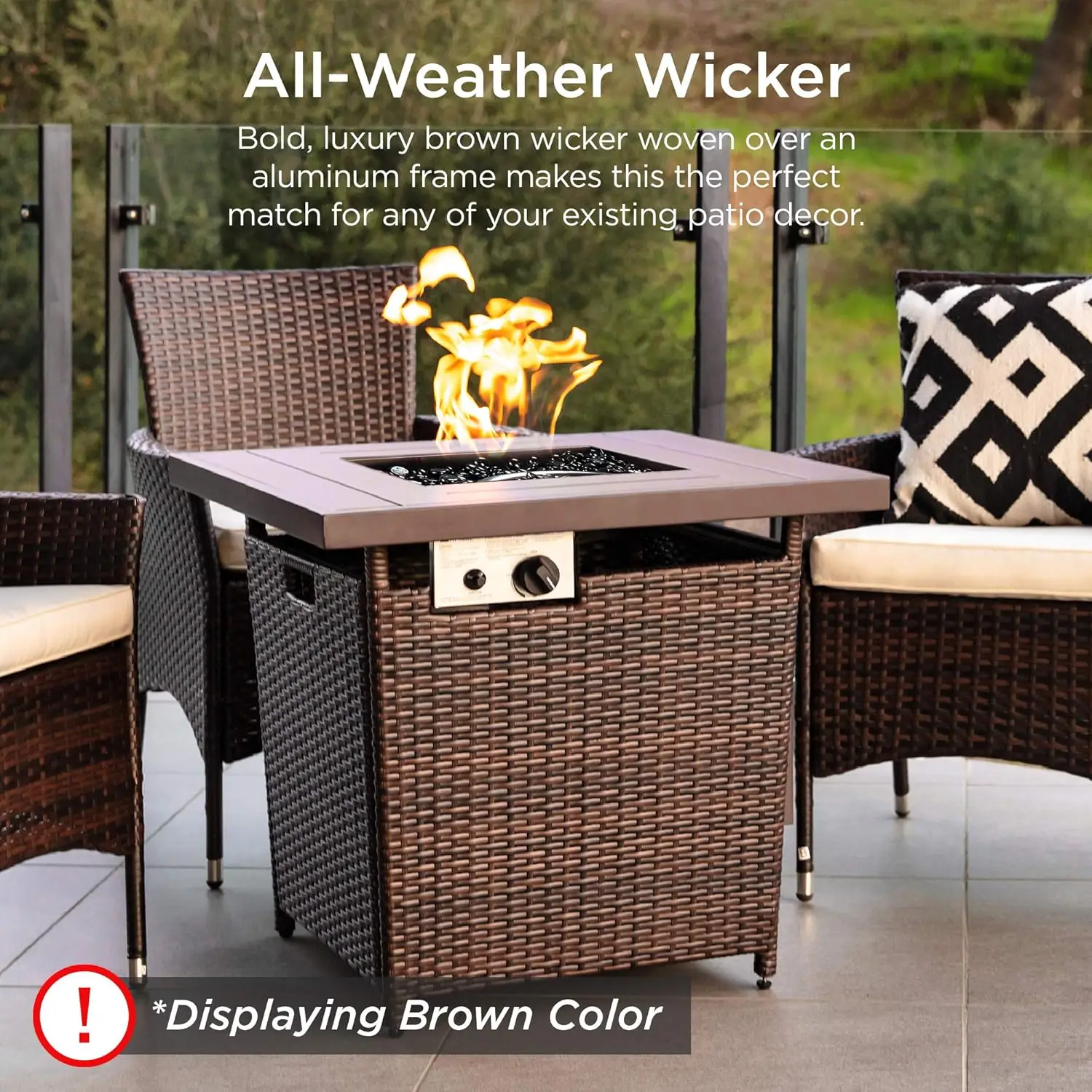 28in Gas Fire Pit Table, 50,000 BTU Outdoor Wicker Patio Propane Firepit w/Faux Wood Tabletop, Clear Glass Rocks, Cover