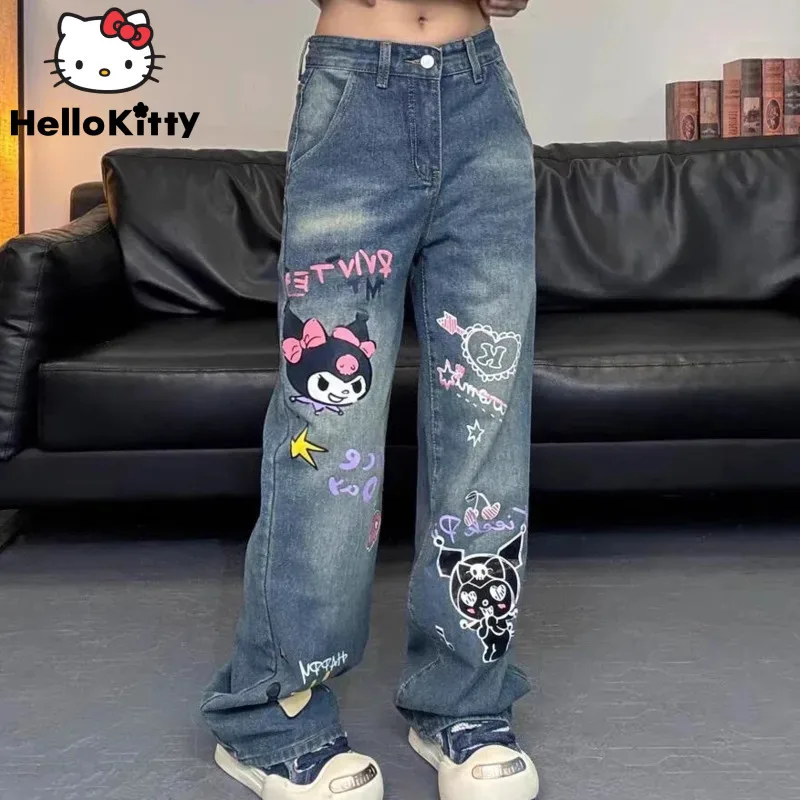 

Sanrio Kuromi Cartoon Graffiti Jeans Women High Waist Print Design Pants Y2k Fashion Straight Loose American High Street Trouser