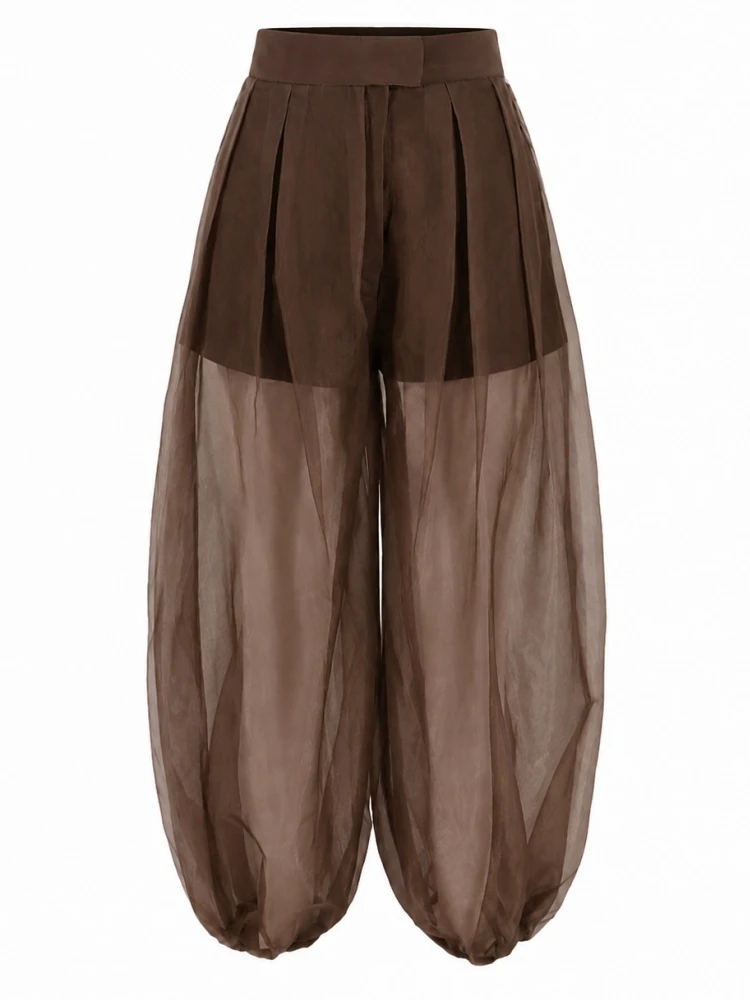Women Mesh Perspective Long Pants High Waist Trousers Office Work Lady Full Length Autumn Bottoms Trousers Spring Summer