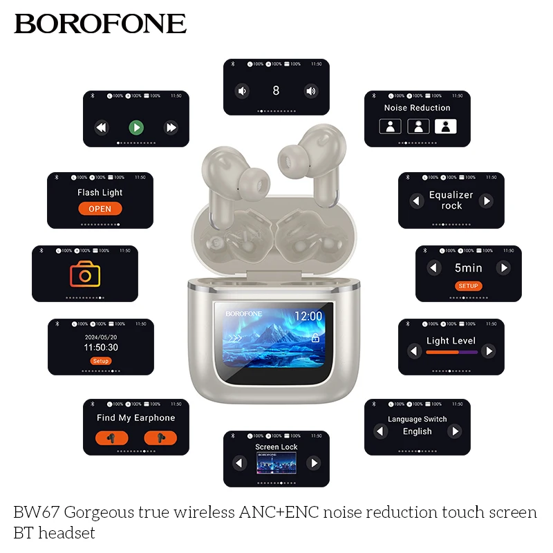 

BOROFONE BW67 ANC+ENC noise reduction True Wireless LED Touch Screen BT headset Bluetooth Headsets in-ear HiFI Sounds Phone call