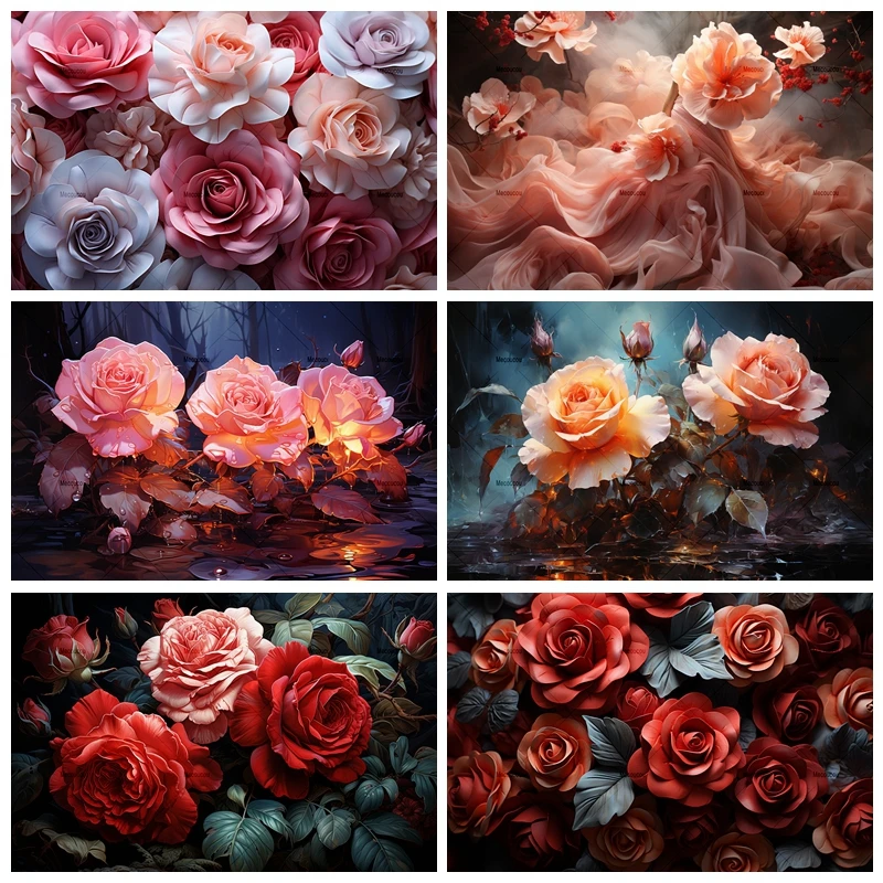 AI Painting Rose Flowers Birthday Backdrops Photography Wedding Bride Portrait Photographic Prop Party Background Photo Studio