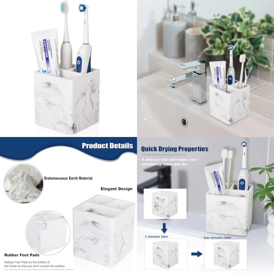 

Diatomite Toothbrush Holders for Bathrooms, Electric Toothbrush and Toothpaste Holder 3 Slots Tooth Brush Organizer for Bathroom Countertop, Shower, Vanity - Marble White