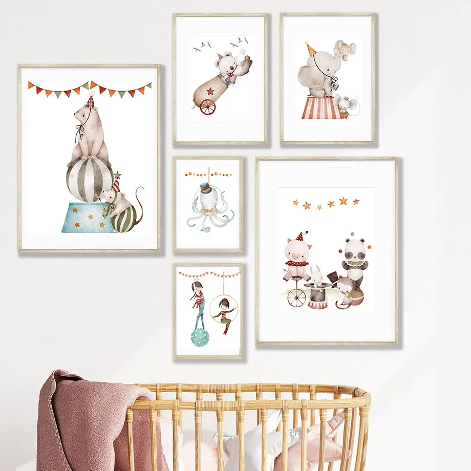 Multiple sizes 1pc frameless Canvas Painting,Cartoon Circus Elephant Panda Octopus Rabbit Monkey Poster Nursery Wall Art Print C