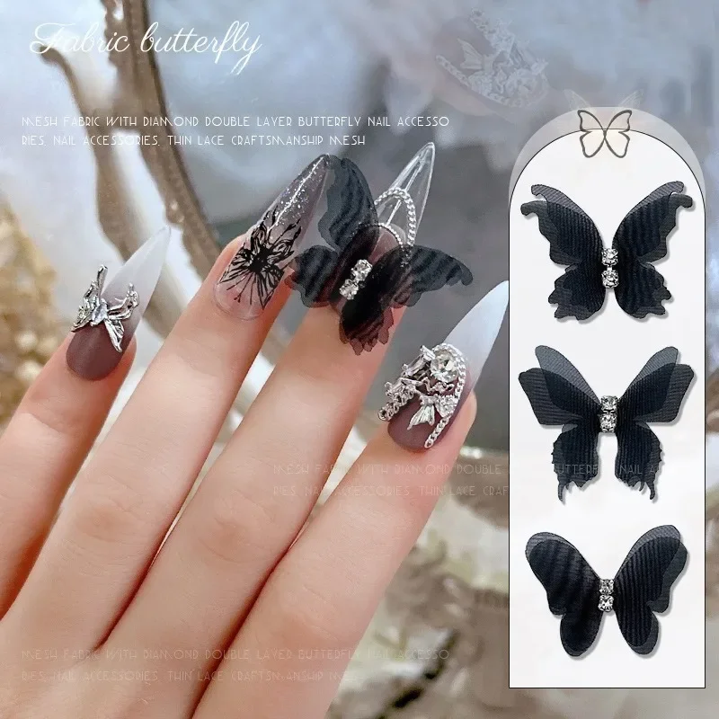 2Pcs double-layer tulle fairy butterfly nail charms, hot organza handmade rhinestone butterflies for delicate nail decorations