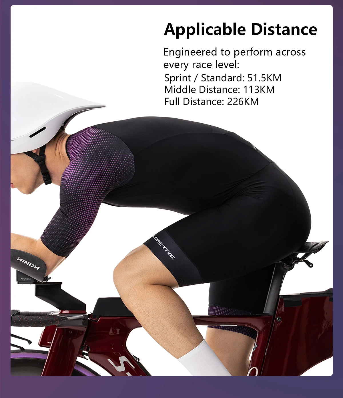 Triathlon-Anzüge für Herren Schnelltrocknend Leichtgewichtig Kurzärmelig Schwarz-Lila Einteilig für Radfahren Laufen Schwimmen TriSuit MY KILOMETRE – Detail 9