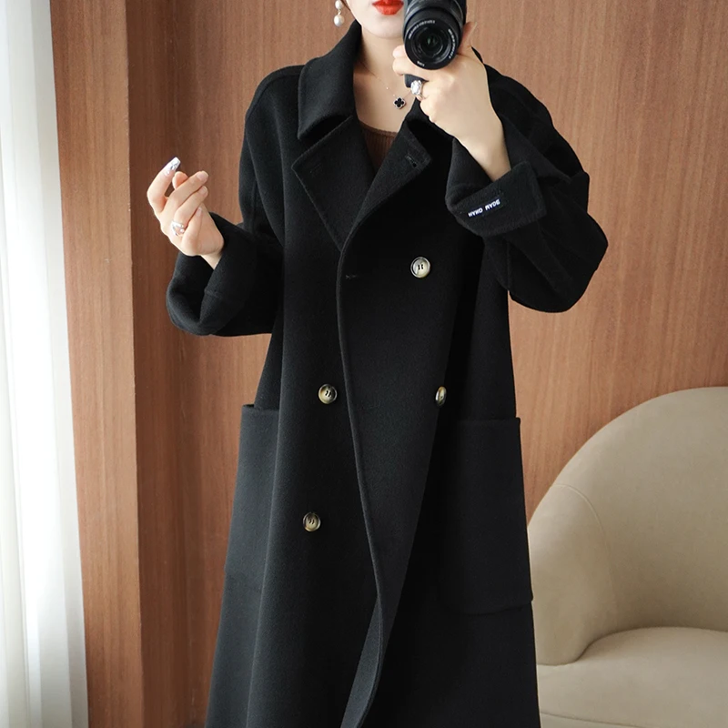 Autumn And Winter New 100% Wool Coat Women\'s Double-Sided Woolen Coat Medium Long Thick Double Breasted Windbreaker