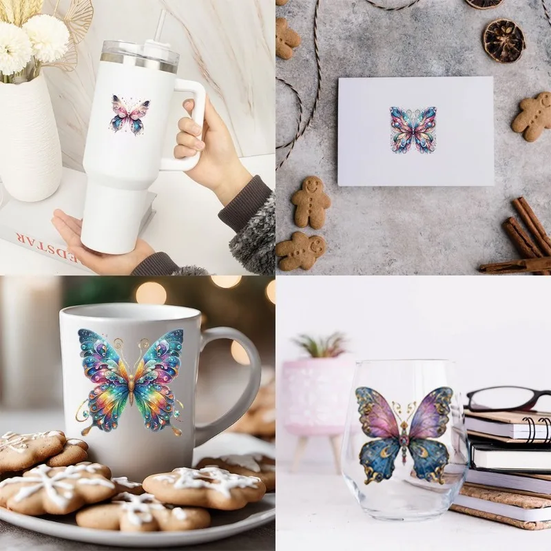 8pcs Glitter Butterfly Sublimation UV DTF Cup Stickers, Waterproof Sticker Pack for Decorating Mugs, Cups,DIY Home Decoration