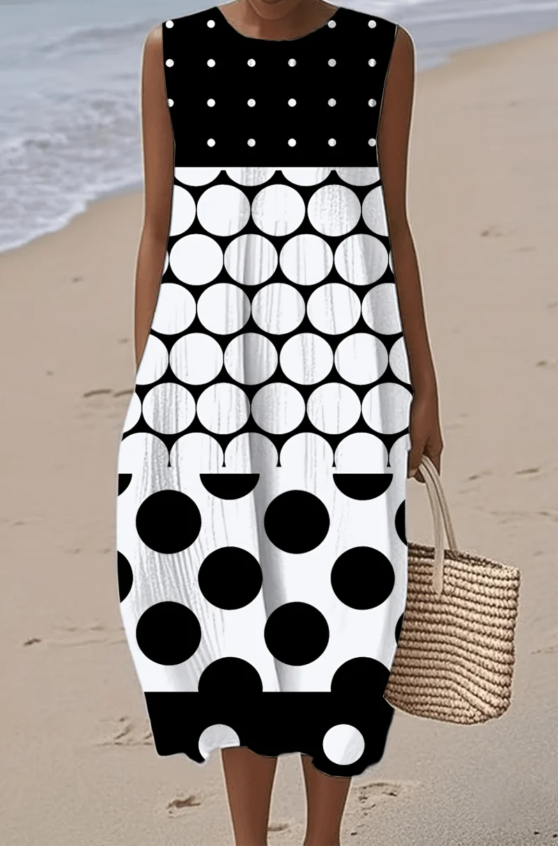 Sleeveless Round-Neck Mid-Length Dress with a Loose Straight Cut and Retro Polka Dot Style, Suitable for Beach Vacations, Shopping, Light Social Gatherings, and Parties
