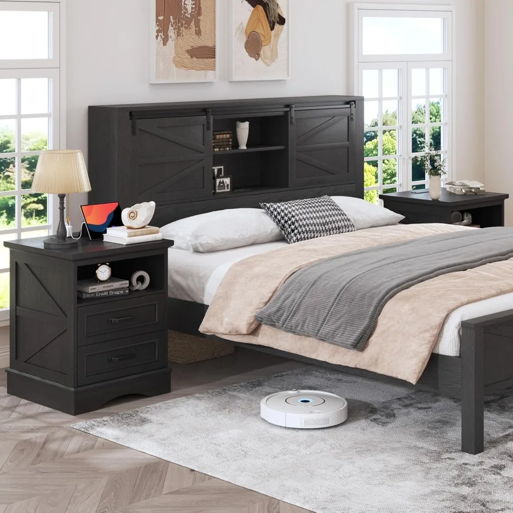 منضدة مزرعة بطول 24 بوصة، ومنضدة ليلية مع محطة شحن، وطاولة بجانب مع أدراج وتخزين مفتوح، وطاولات نهائية ريفية