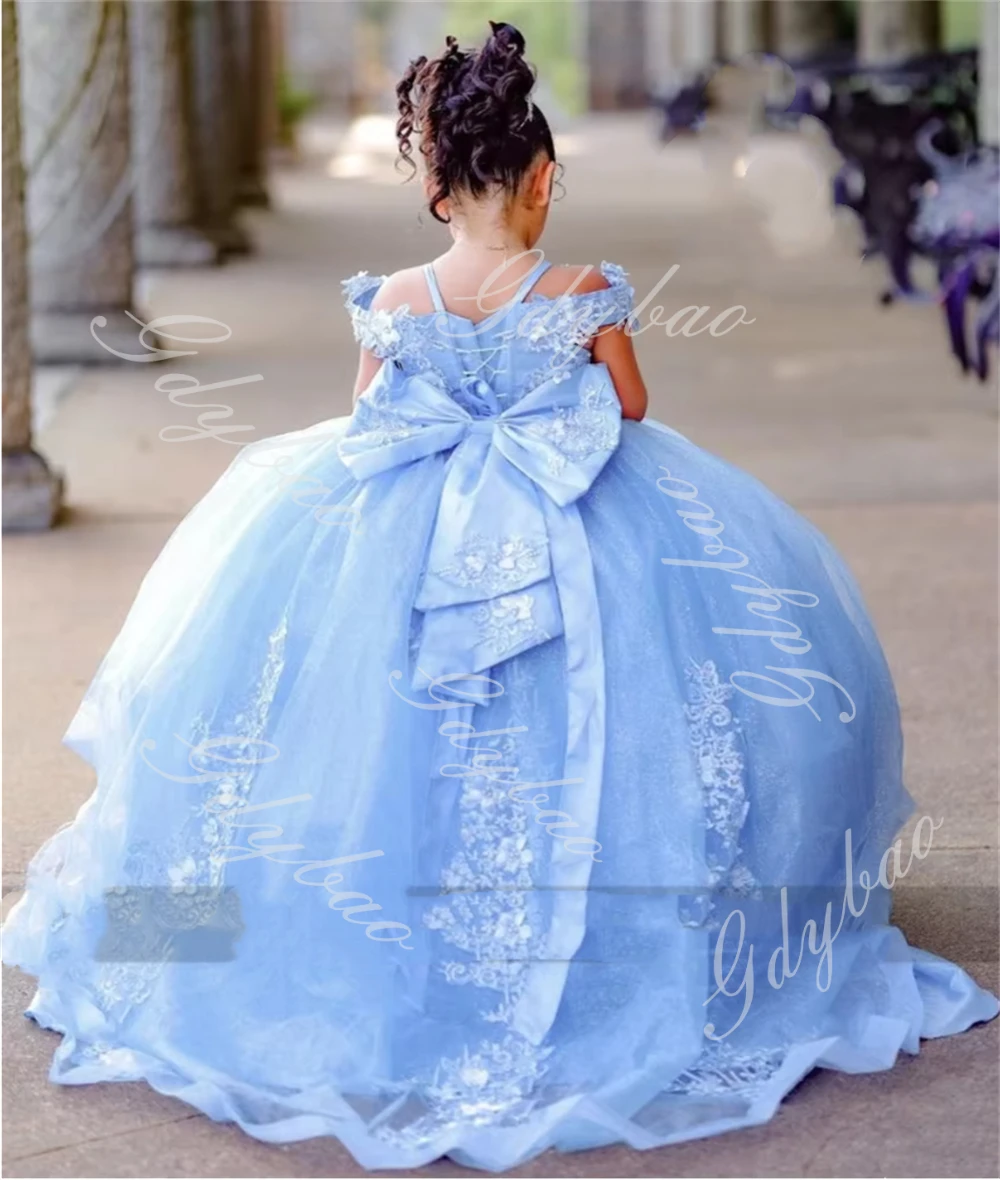 Luxury Light Blue Flower Girls Dress For Weddings Toddlers Applique Bow Birthday Dress Tulle Ball Gown Prom Party Communion Gown