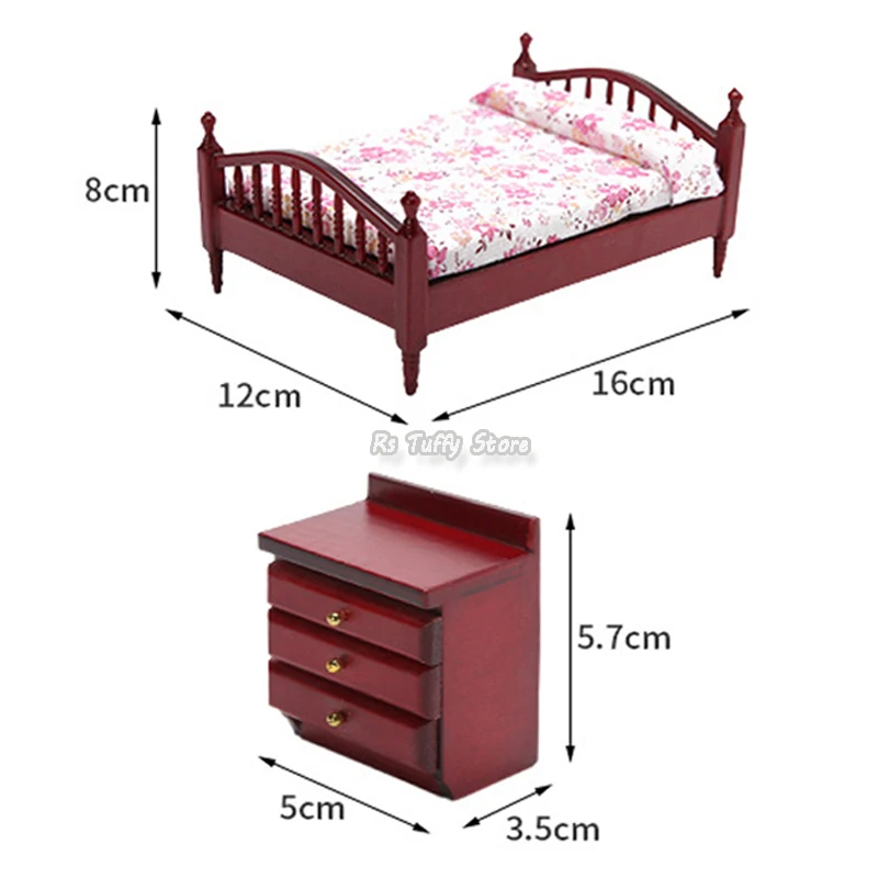 Maison de courses-Ensemble de table de chevet en bois blanc marron, petit lit à beurre floral, meubles miniatures, jouet de jeu de simulation pour enfants, décor de chambre à coucher, 1/12