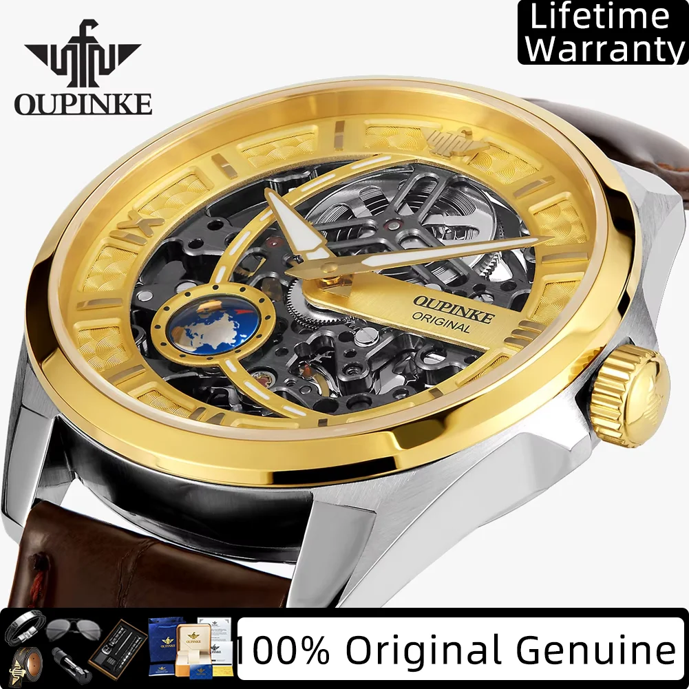 

OUPINKE полностью полые мужские часы, модные 3D Globe Seconds Hands Design, роскошные оригинальные автоматические механические часы для мужчин 3268