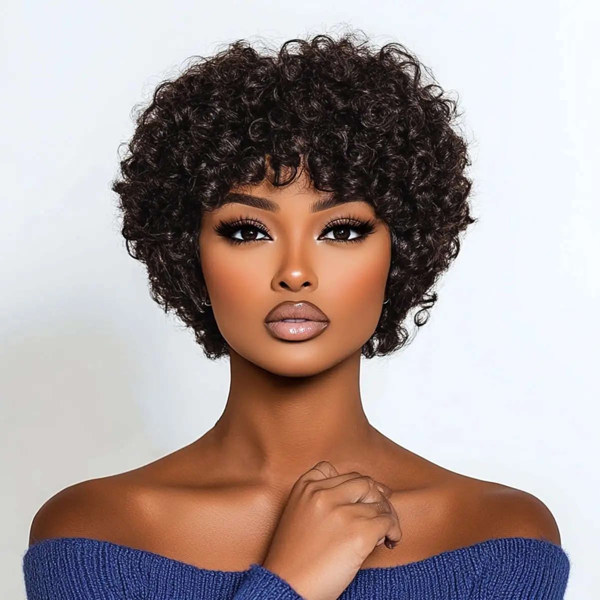 Krótkie kręcone peruki z ludzkich włosów dla czarnoskórych kobiet, kręcone peruki pixie cut z grzywką, peruki z włosów ludzkich Remy wykonane maszynowo do codziennego użytku.