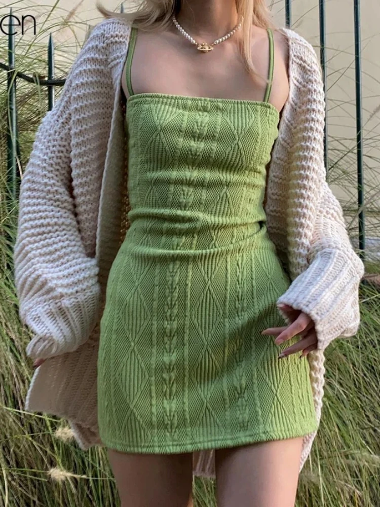 KLALIEN Women Fashion Elegant Streetwear Strap Mini Dress Summer 2022 New Solid Green Knit Stretch Slim Office Lady Dresses