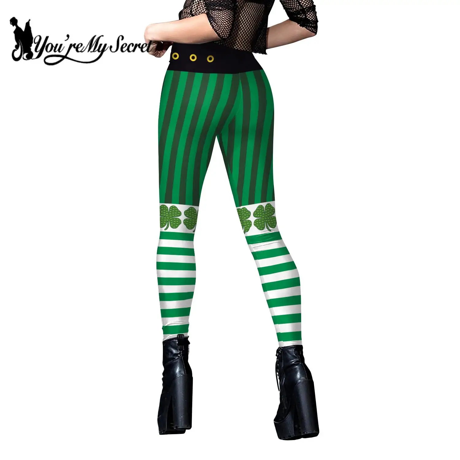 [You're My Secret] St. Patrick's Day Striped Print Leggings for Women Sexy Holiday Party Pants Female Elastic Tights Trousers