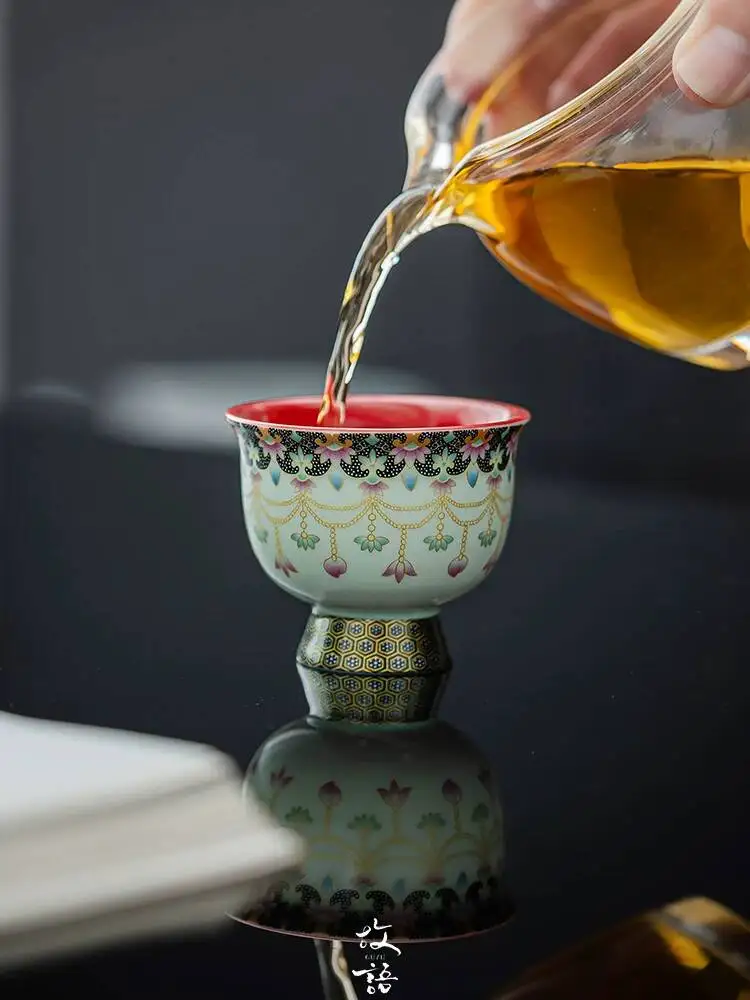 Dunhuang Cove-Patterned Personal Use, Round Flower Design, Kung Fu Set, High-Footed Tea Tasting Master Cup, Single Cup