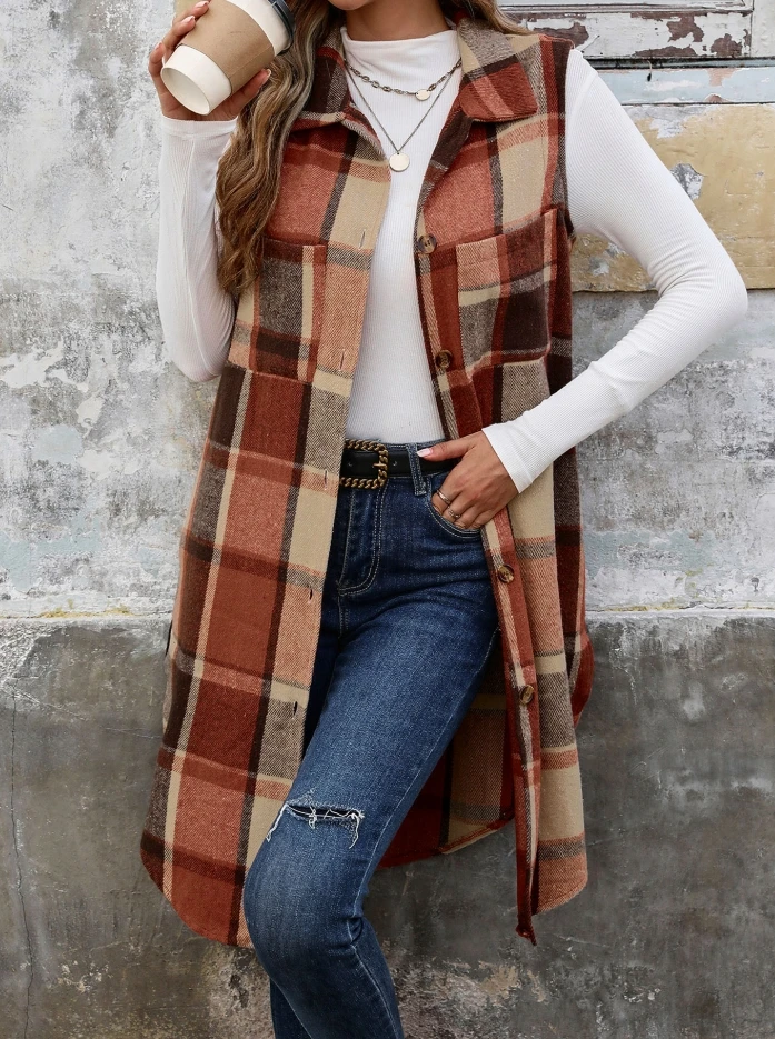 

Women's Sleeveless Lapels Long Jacket Women Casual Clothing Temperament Commuting Cardigan Fashion Loose Vintage Plaid Vest Coat