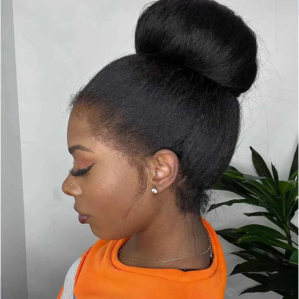 

Парик Yaki 360 Lace Frontal из натуральных волос, предварительно выщипанный, с осветленными узлами, 300% плотность, прямые волосы Kinky Straight, с естественной линией роста волос 4C и кудрявыми концами