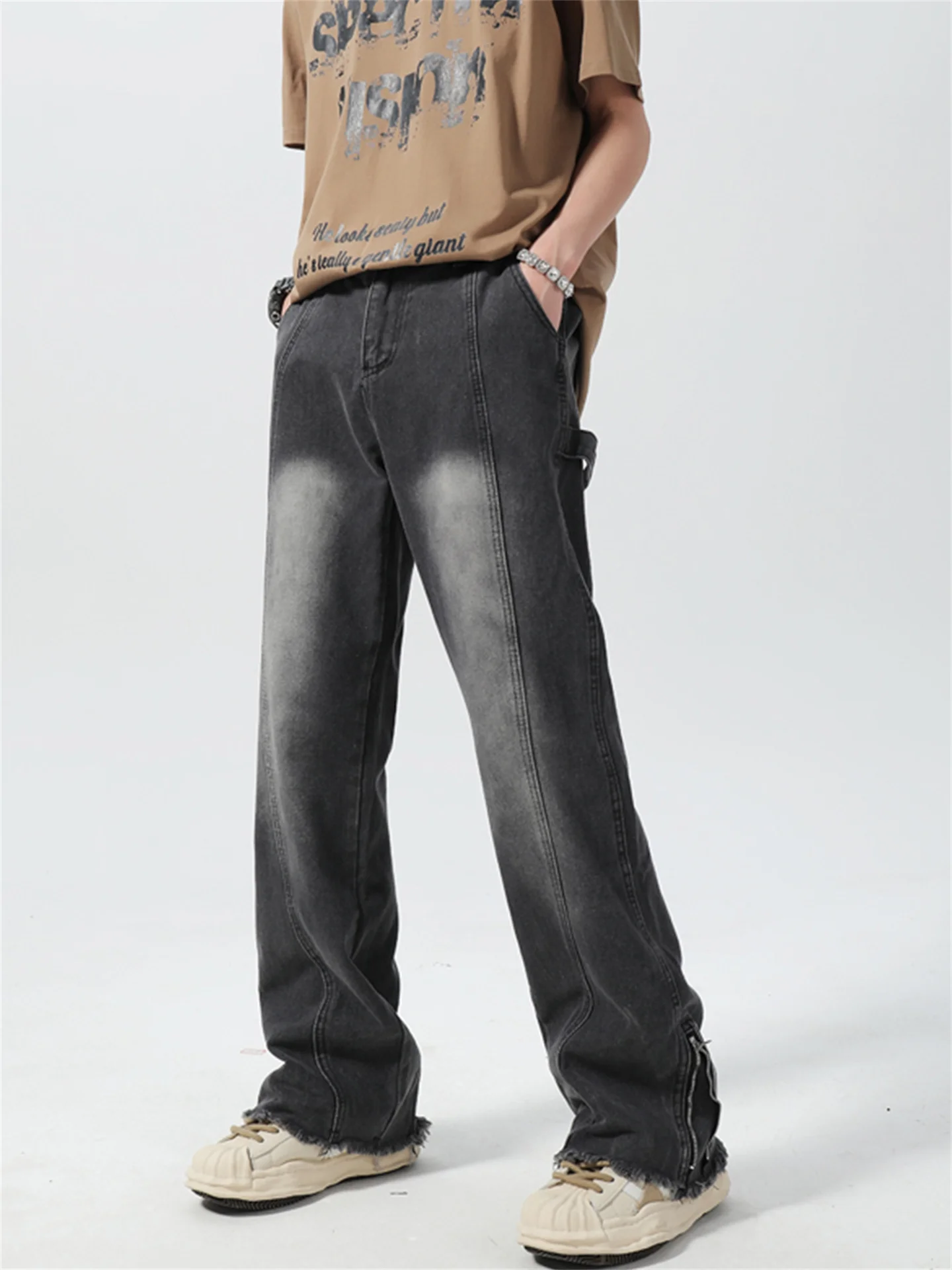 

Retro Workwear Style Men's Jeans American Vibe Frayed Zipper Splice High Street Long Pants Youth Casual Loose Straight Cut