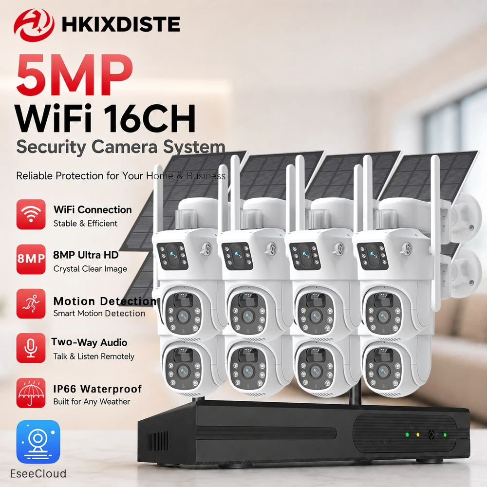 5MP WiFi 16CH NVR Security Camera System 4K 8MP Dual Lens Solar PTZ Camera Two Way Audio PIR Detection IP66 EseeCloud IP Pro APP