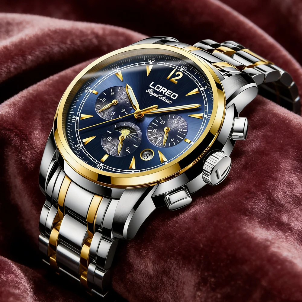 

Мужские автоматические механические наручные часы LOERO Top Brand с фазами Луны, сапфировым стеклом, из нержавеющей стали, водонепроницаемые, Reloj Hombre