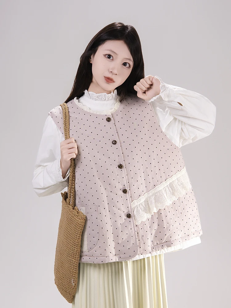 

Женский хлопковый жилет Sweet Sle с кружевными вставками и принтом в горошек, свободный крой, стандартная длина, на одной пуговице