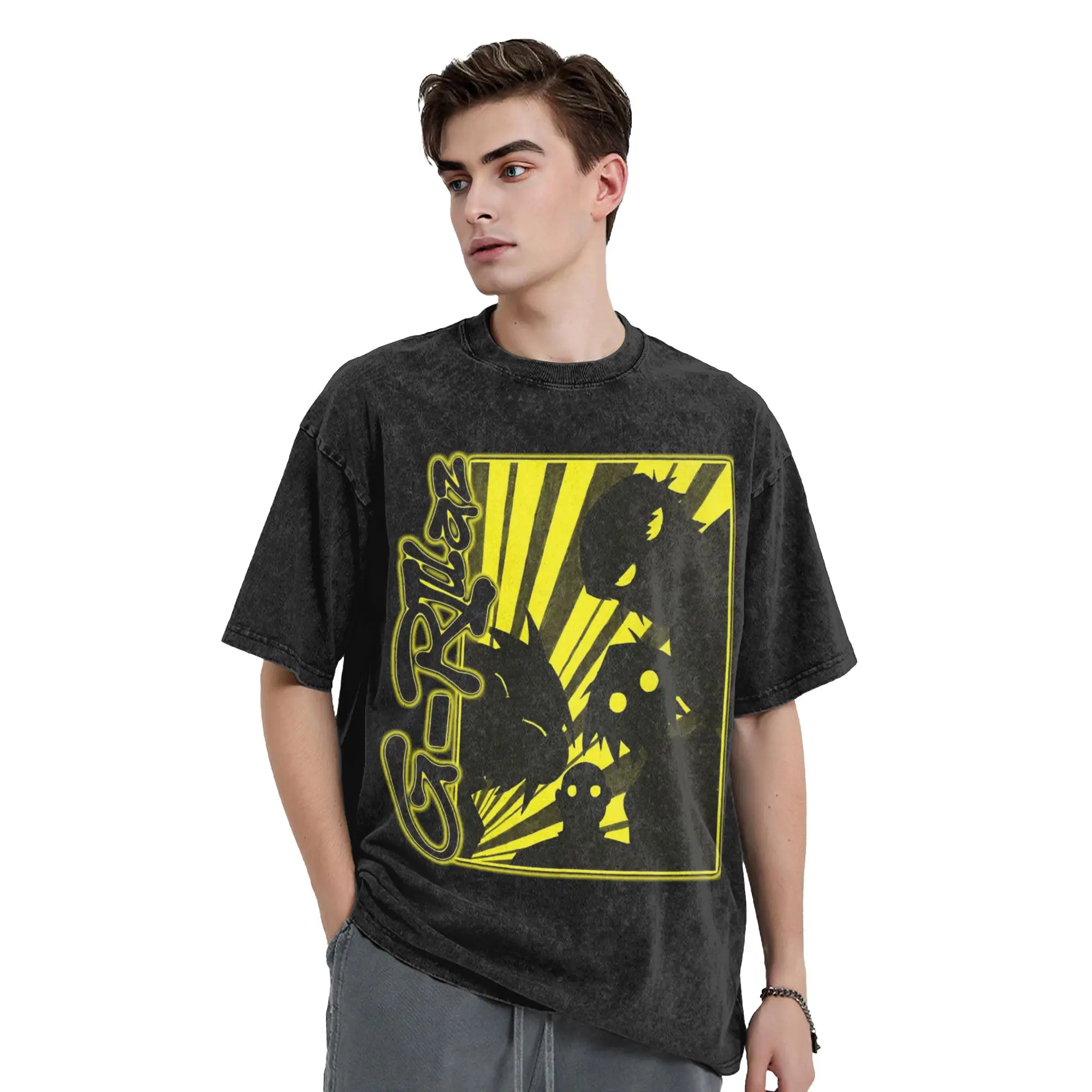 Yellow Silhouette Frame Rock Band Gorillaz Washed T Shirt Streetwear Hip Hop Vintage T-Shirts  Tee Shirt for Men 100% Cotton