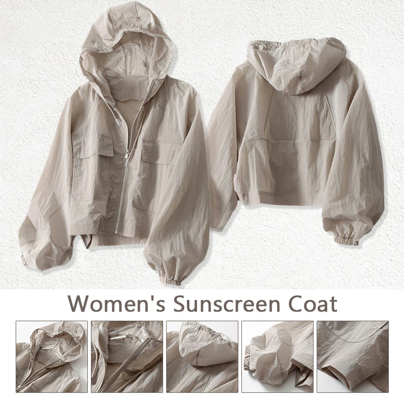 NEW Hooded Windproof Quick Dry Sunscreen Coat Ultra-Light Short Jacket Women's UV Outwear Camping Hiking Loose Sportwear Student