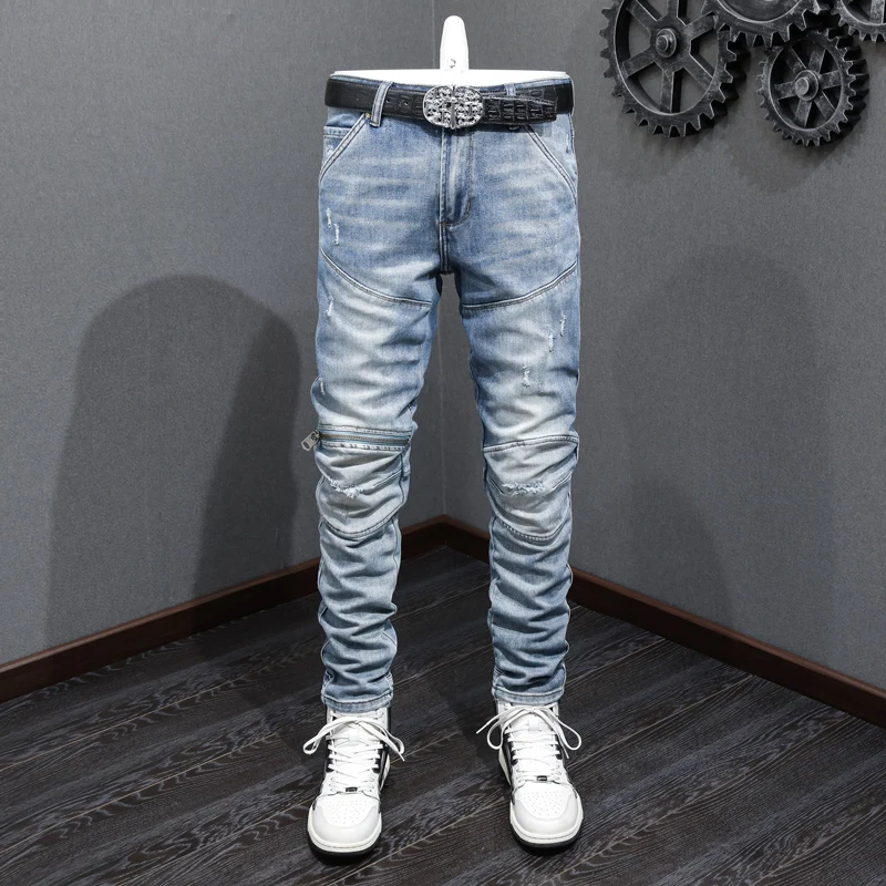 

Street Fashion Men Jeans Retro Light Blue Stretch Slim Fit Ripped Jeans Men Spliced Designer Hip Hop Denim Biker Pants Hombre