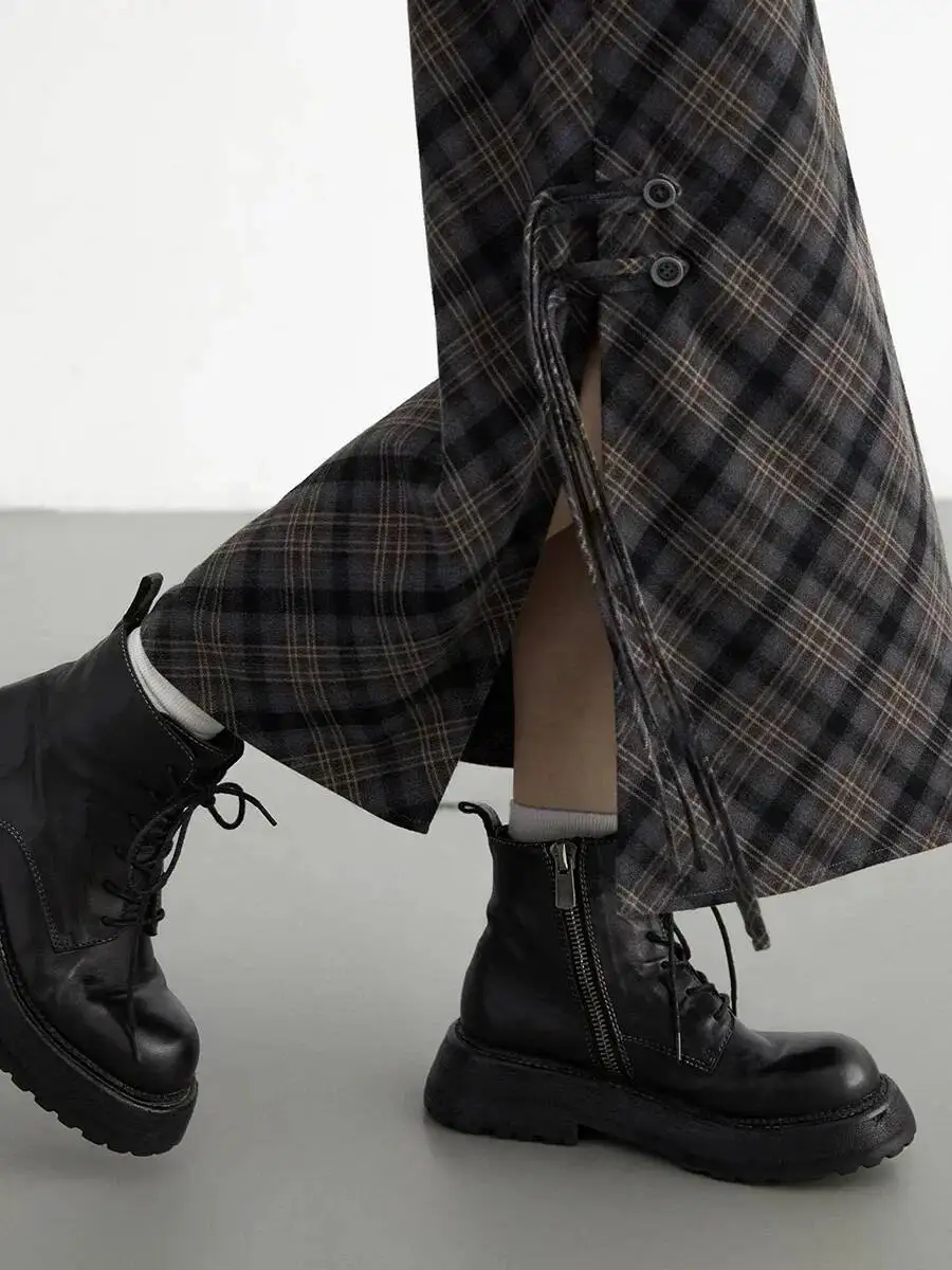 UMI MAO Women Long Skirt Casual New Sweet Cool Style High Waist Slit Plaid Half Skirt Straight Tube Skirts Spring Autumn Skirts