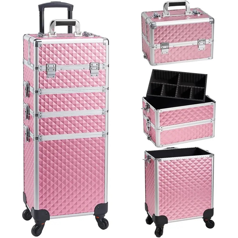 4-in-1 Rolling Makeup Train Case with Wheels, Large Capacity for Artists, Hairstylists, and Nail Technicians, Pink