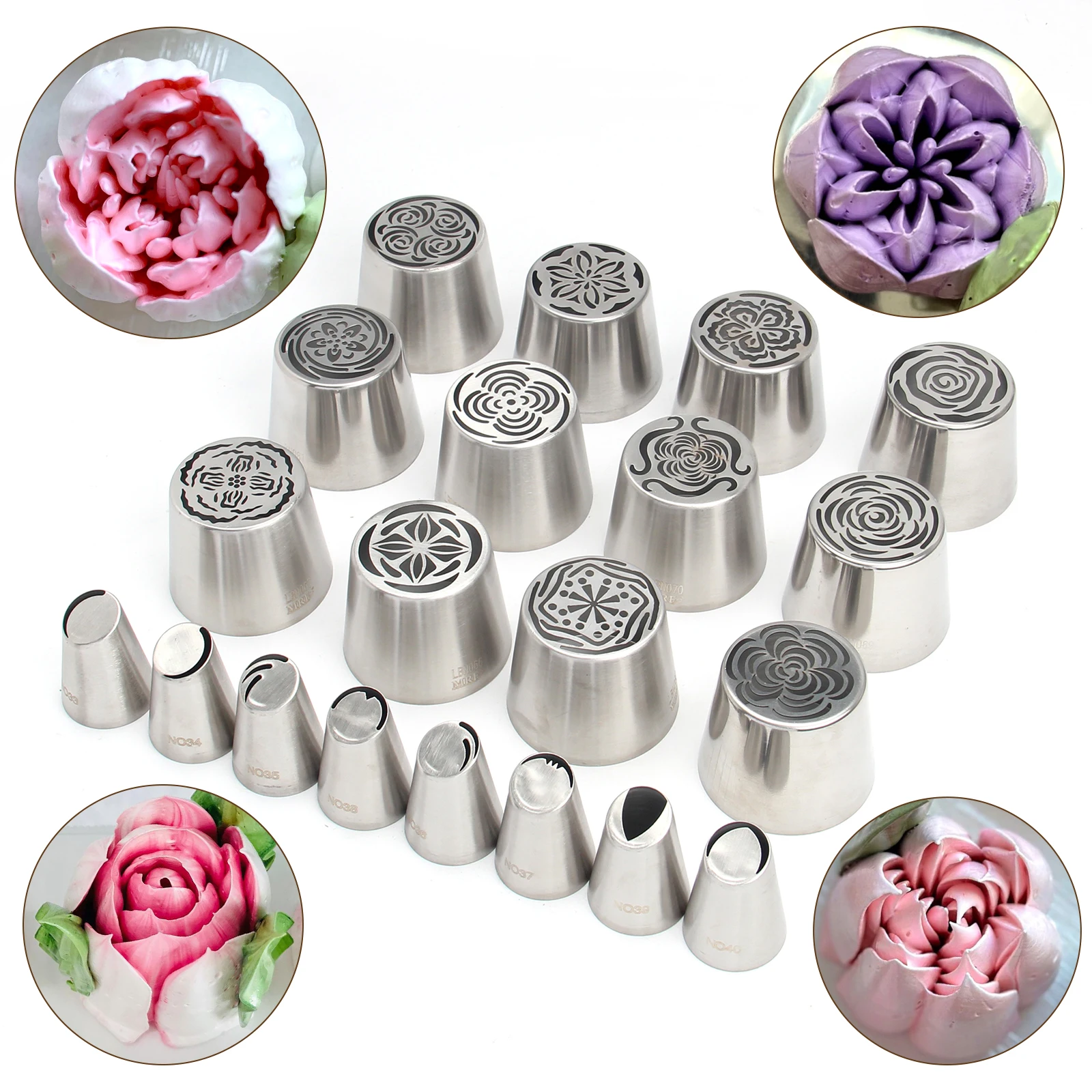 22-Piece Extra Large Russian Icing Nozzle Set, Stainless Steel Rose Tulip Cake Decorating Tips,20 Nozzles and 2 Brushes