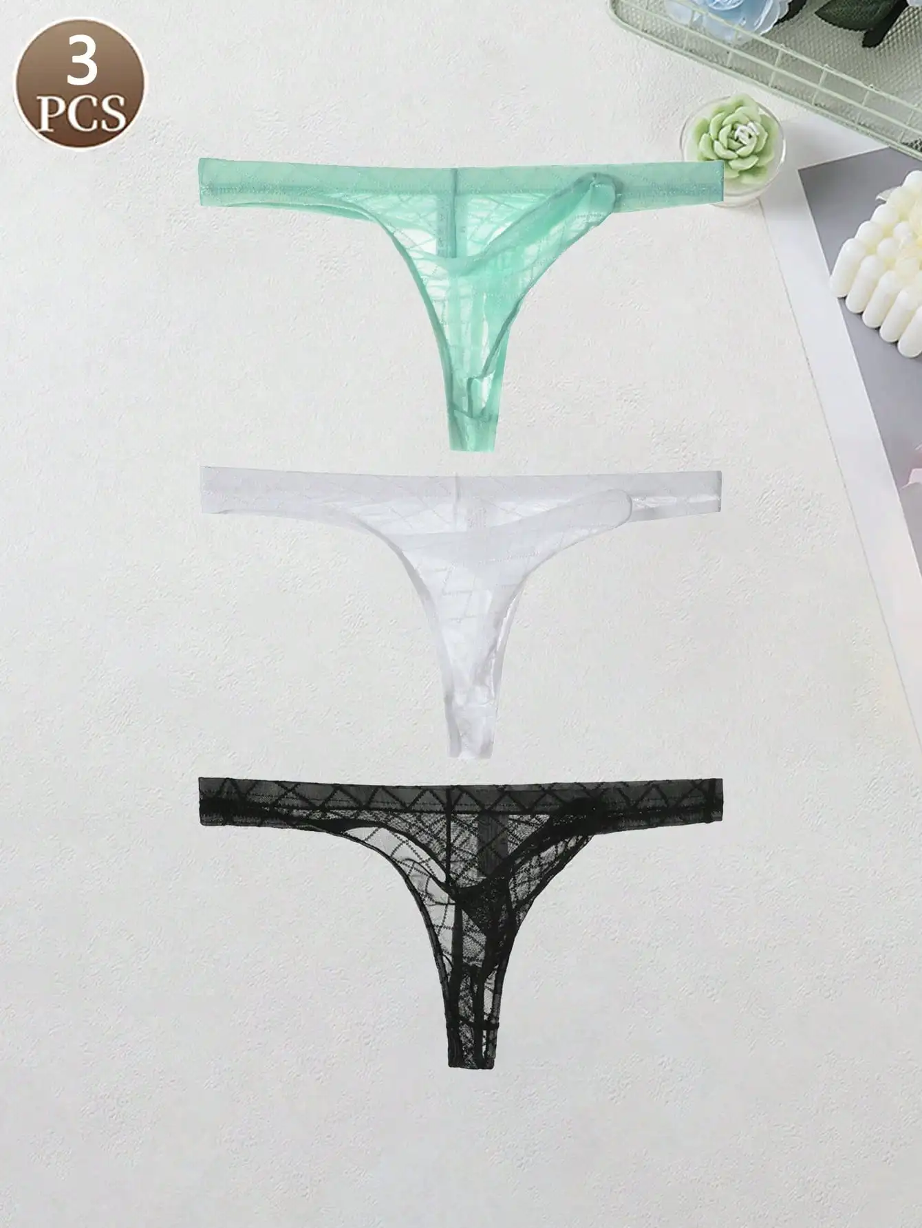 

3PCS Casual sports basic knitted fabric soft random stripe low waist Men's breathable quick drying seamless sexy mesh thong