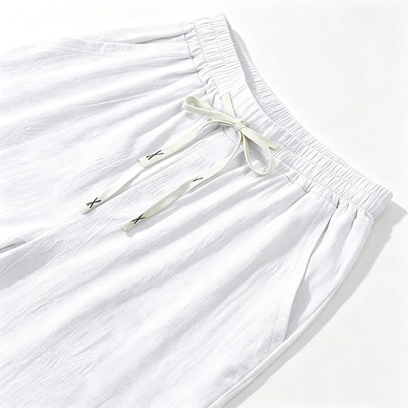 Summer Men Linen Capri Pants Drawstring Waist Loose Solid Color Casual Trousers For Daily Beach Vacation Outdoor Travel Wear