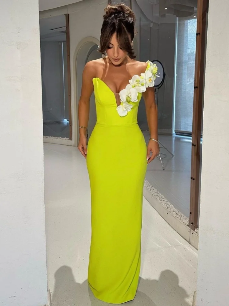 White Moth Orchids One Shoulder Yellow Green Ankle Length Bandage Dress Celebrity Party Evening Dress Woman Voaction Outfit