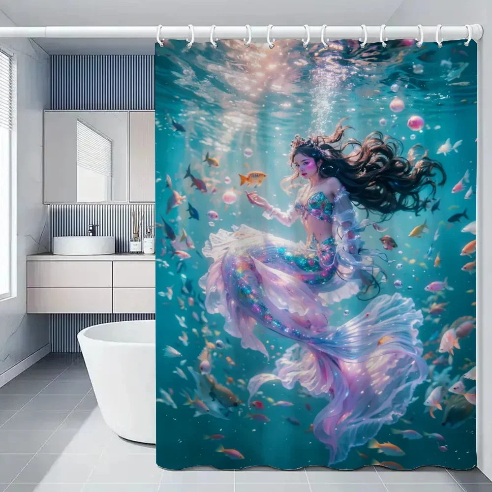 Sea Mermaid Shower Curtains for Bathroom Curtain Folding Partition Bath Accessories Bedrooms Waterproof Fabric Things the Set