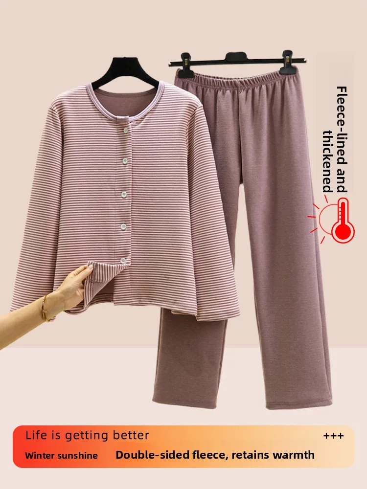Women's Casual Loose Striped Sweater And Pants Set Home Clothes Thermal Sleepwear Two-Piece Set Comfortable Long Sleeve round...