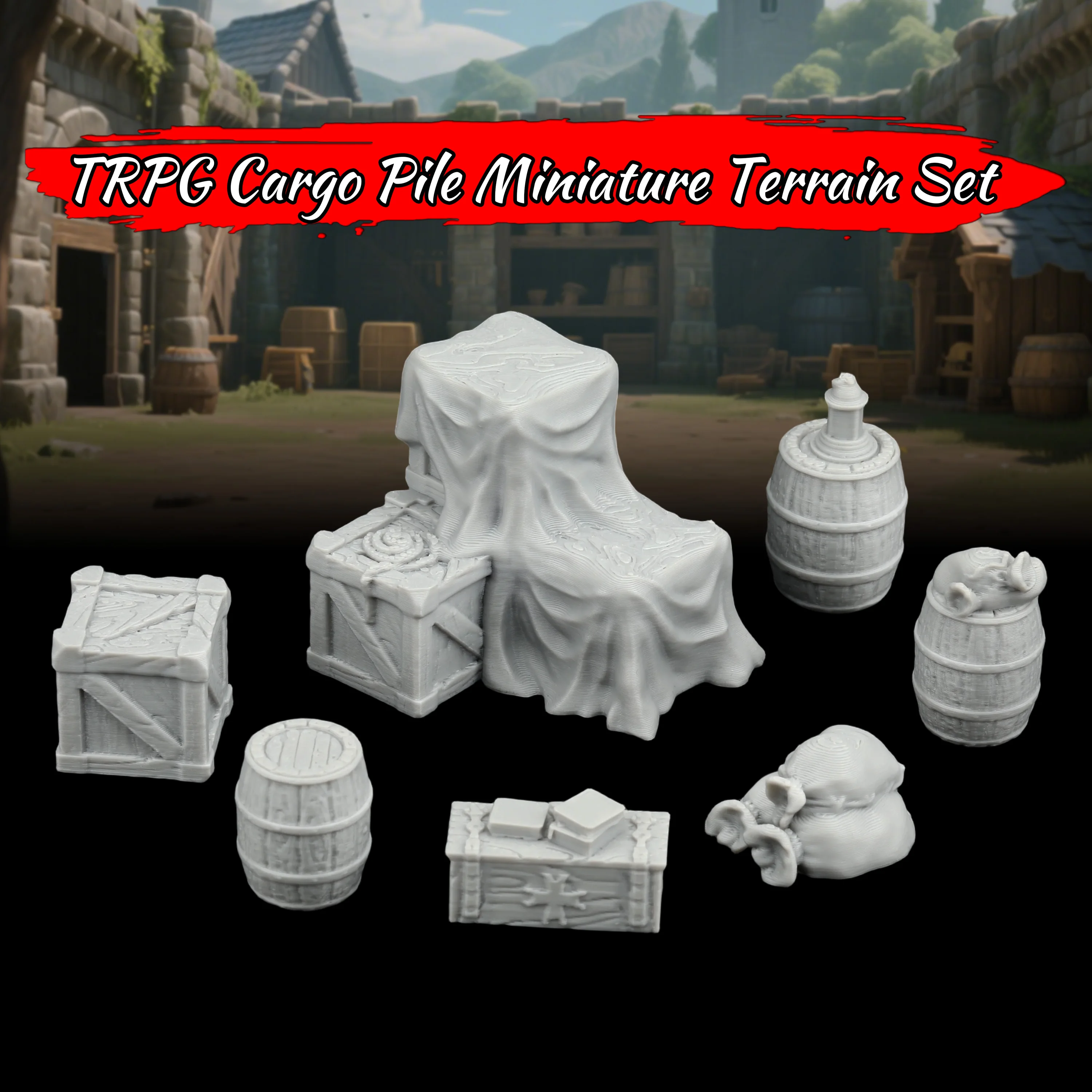 RPG Medieval Cargo Pile Miniature Set - Detailed Rustic Market Goods, Enhancing Daily Life Scenes in Fantasy Roleplay Table Game