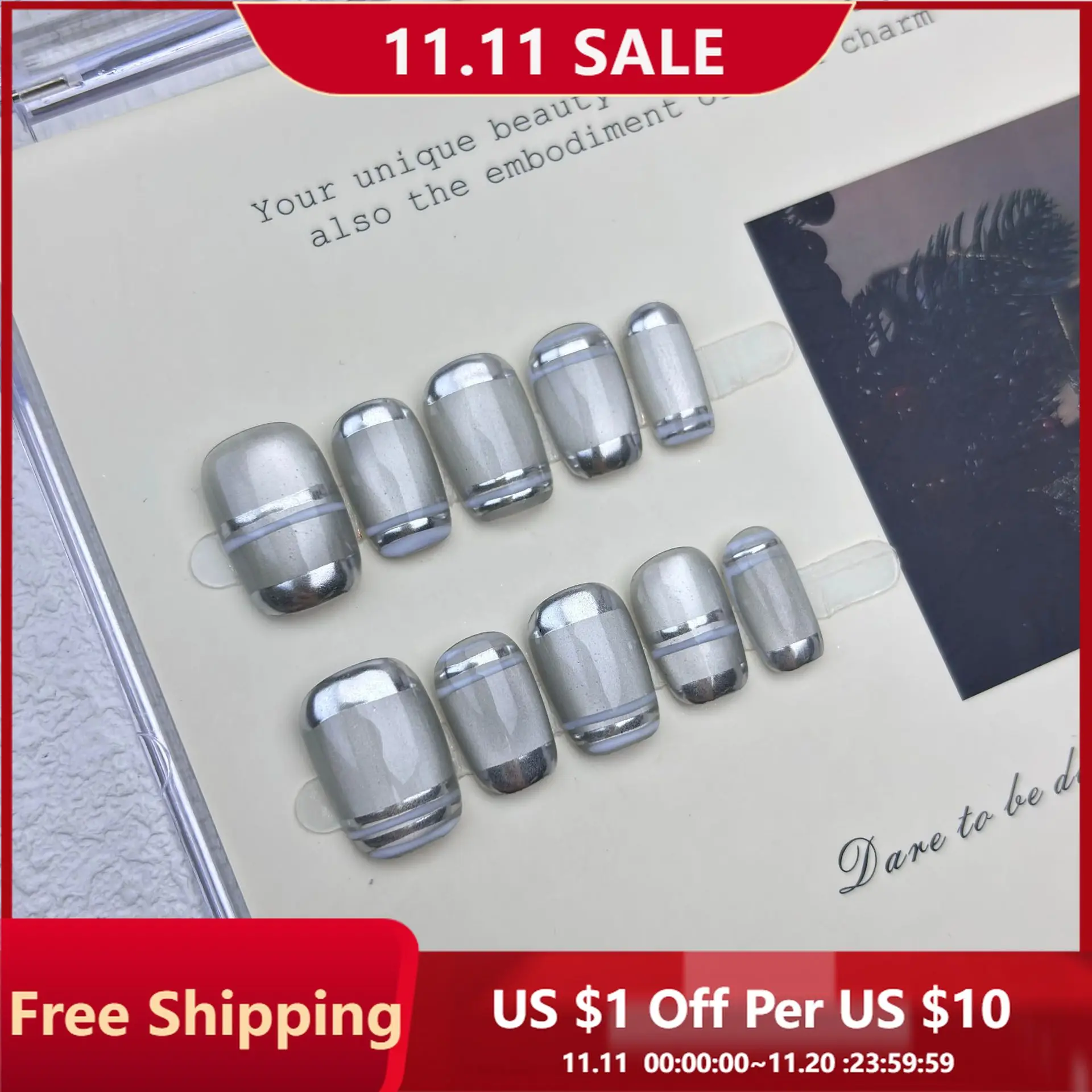 

10pcs Handmade Press on Nails Mirror Silver Electroplated Cat's Eye Nail Polish False Nail for Women&Girl Detachable Fake Nail