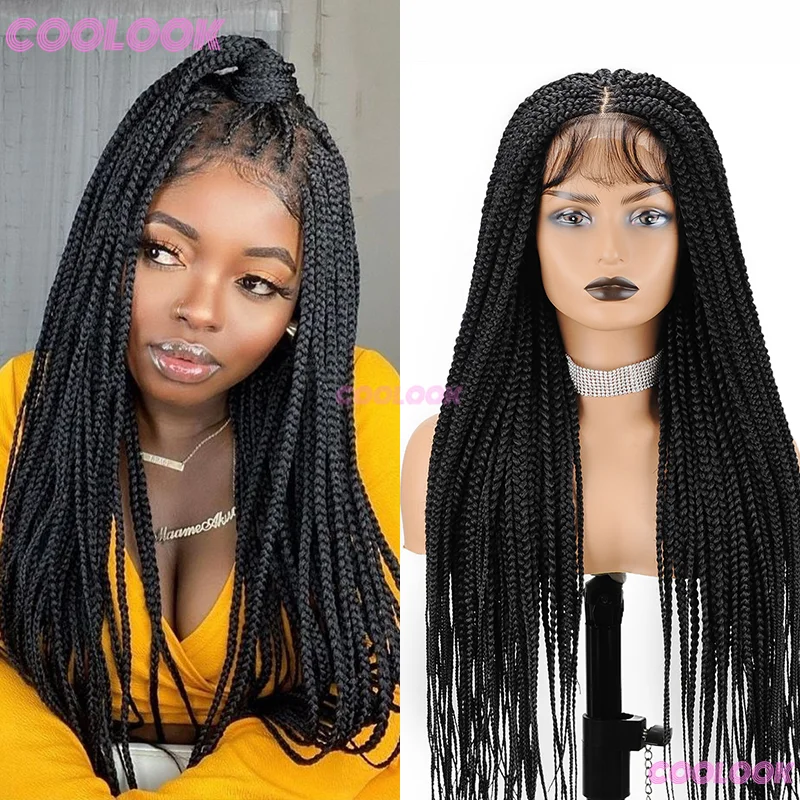 

Синтетические плетеные парики для чернокожих женщин, полный парик шнурка, коса, африканские косички без узлов, кружевные передние парики, косички, кружевные парики