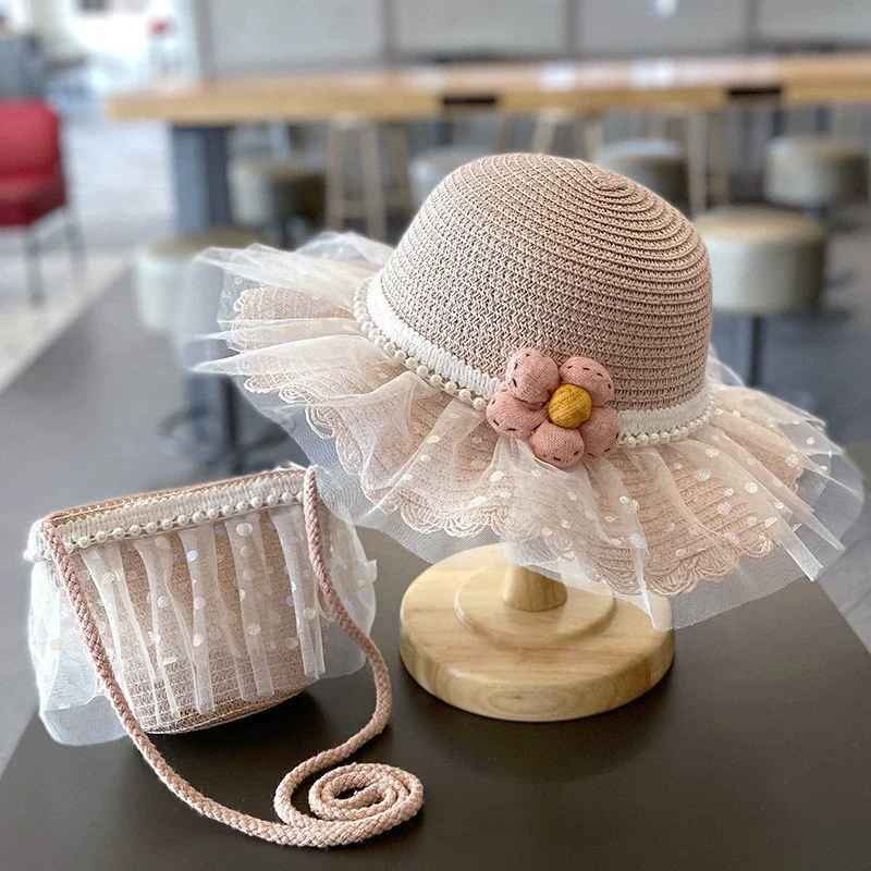 Children's Straw Hat Set bow breathable sun hat baby comfortable beach Summer straw hat suit  gorra