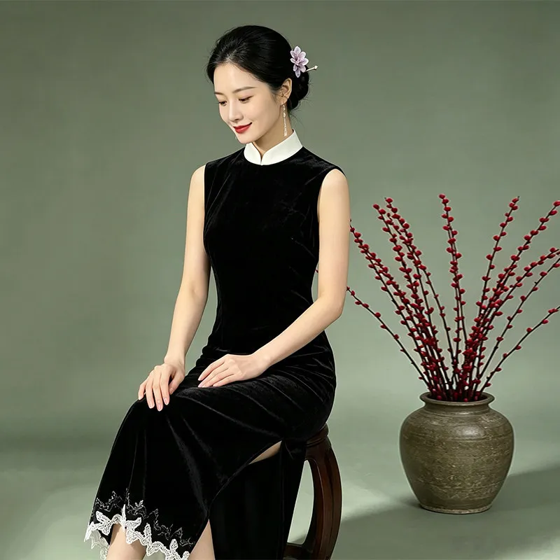 Spring Autumn Black Velvet Sleeveless Chinese Style New Chinese Suzhou Autumn Cheongsam Improved Young Female Qipao Dress