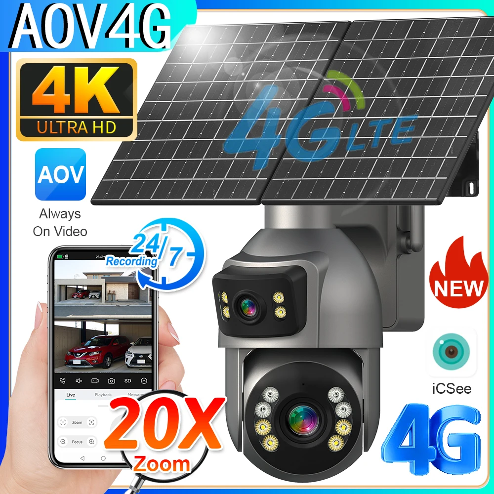 

ISCee AOV 4G Solar Camera 4K Dual Lens 20X Outdoor Surveillance Cameras 24/7 Video Recording Auto Tracking PTZ Night Vision CCTV