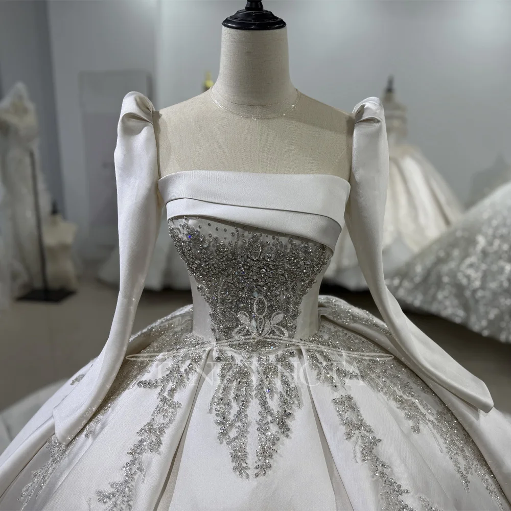 

Vestido De Casamento Civil O-Neck Long Sleeve Lace Up Back Embroidery Sequined Crystal Customized Wedding Dress Luxury
