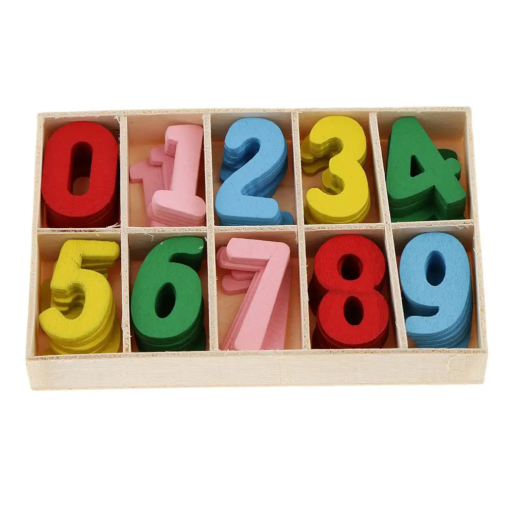 60Pcs Colorful Mini Wood 0-9 Arabic Number Embellishment With Wood Storage Tray for Kids Educational Toys Games for DIY Crafts